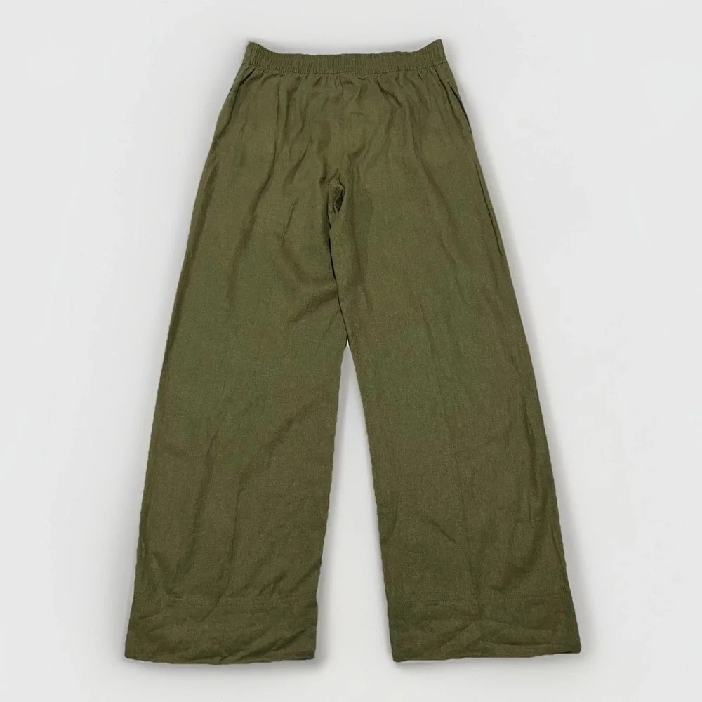 NWT Zara Womens Green Linen Blend Elastic Waist Wide-Leg Boho Flowy Pants M